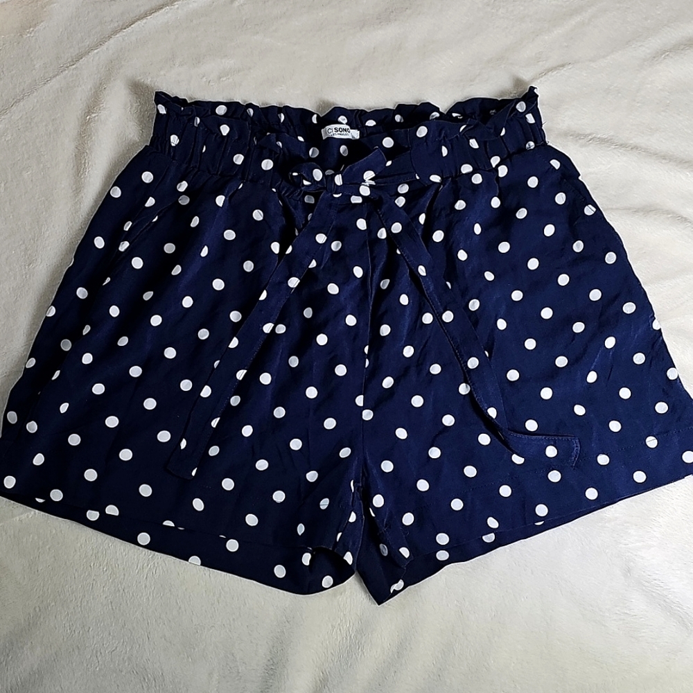 CISONO Women's Short Navy W White Polka dots Size S Front Tie J14